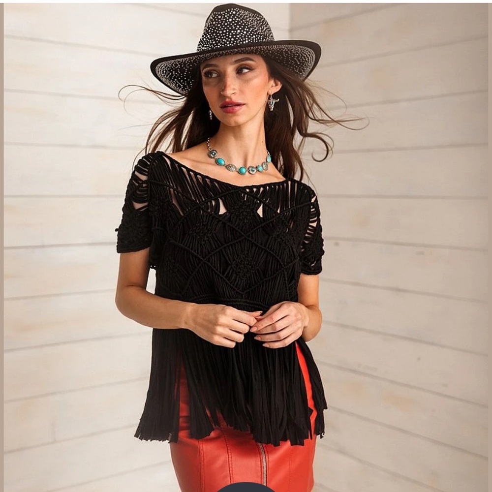 Boho Fringe Knit Top - Black